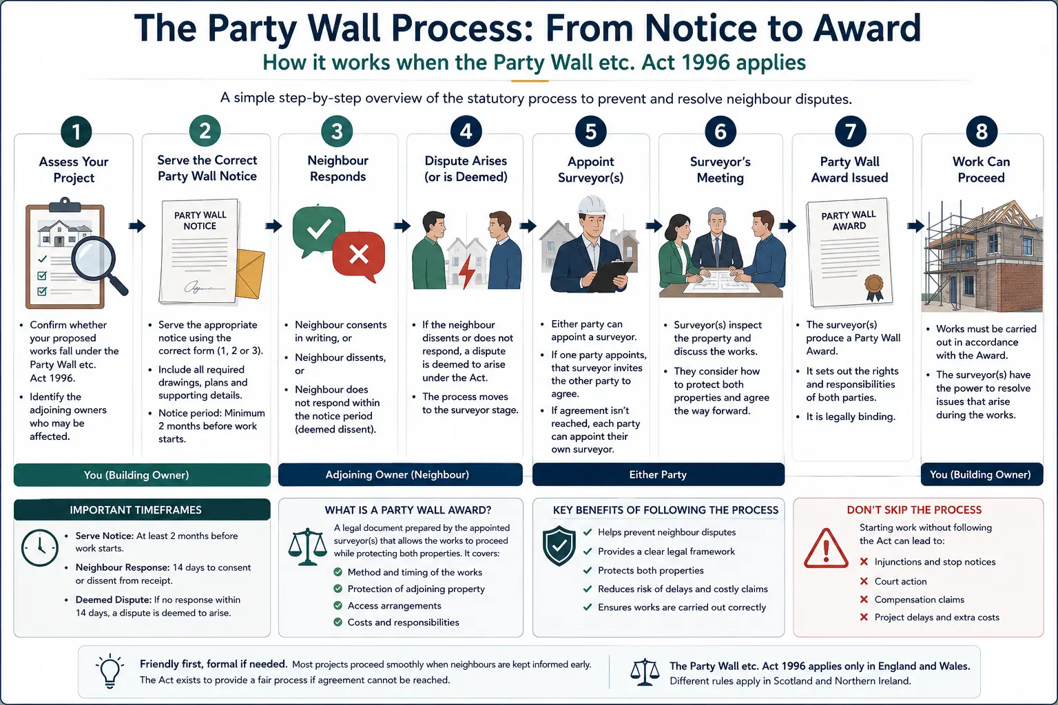 Do I Need a Party Wall Agreement? An infographic showing the party wall process from notice to award in a very interactive way for the citizens living in Chippenham, UK