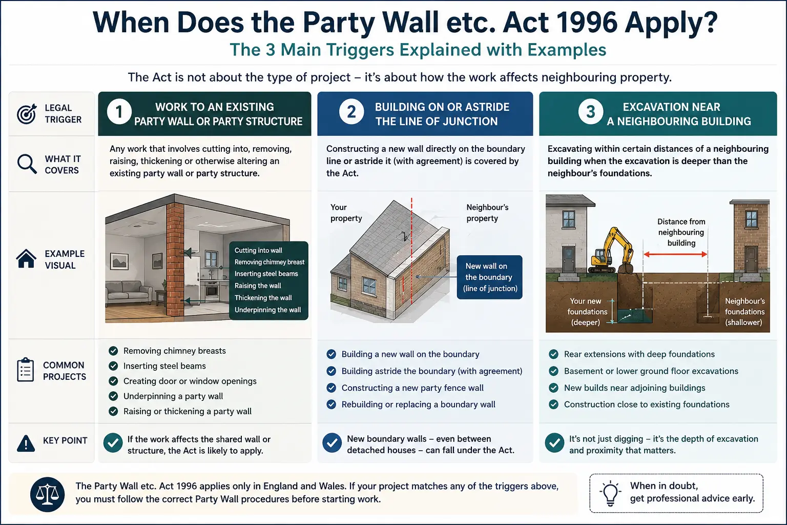 Do I Need a Party Wall Agreement? An infographic showing when does the party wall etc act 1996 apply like excavation, junction, painting, in Chippenham, UK